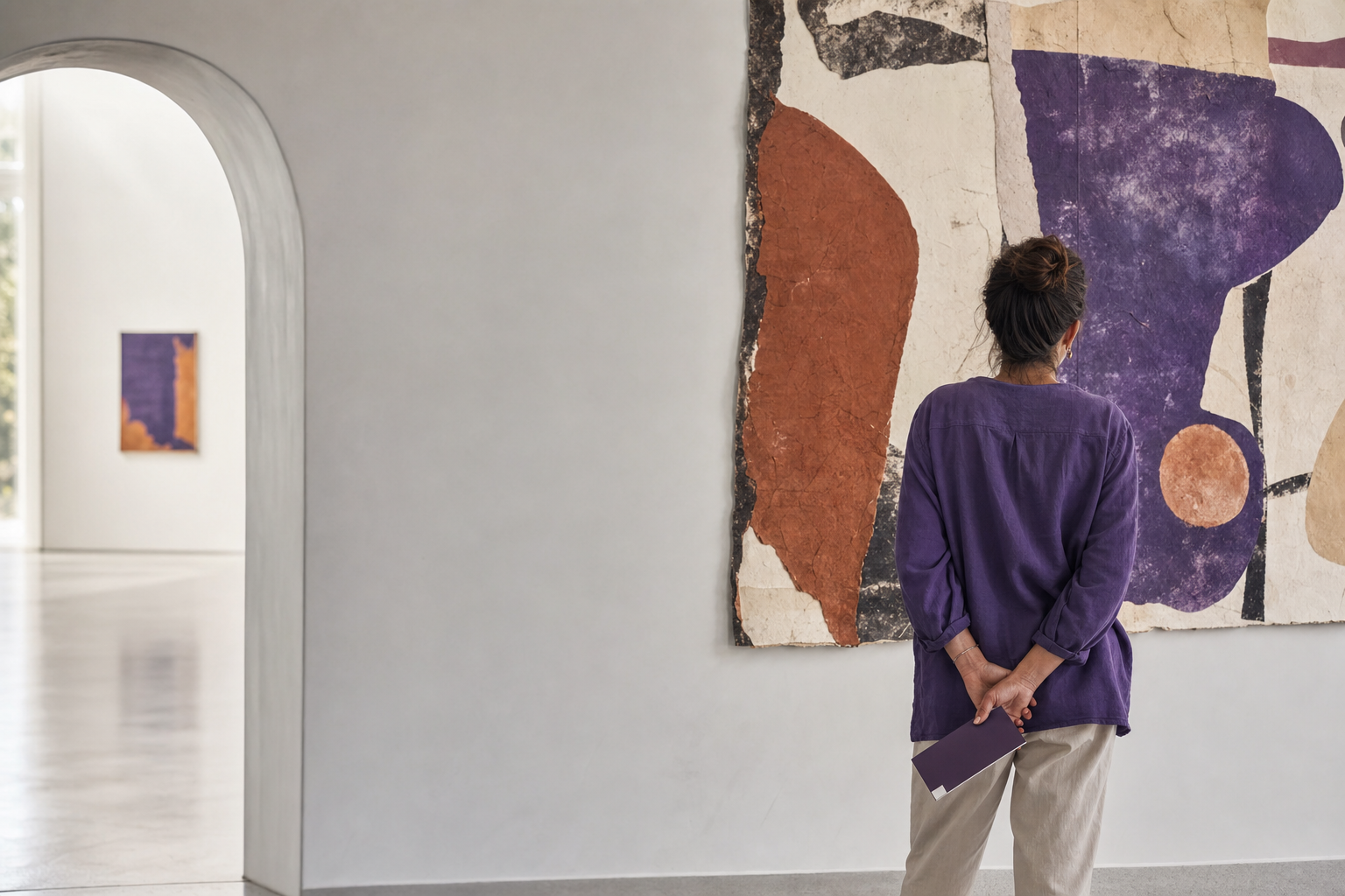 Bezoeker kijkt naar een kunstafbeelding met duidelijke ruimtelagen in een museumzaal