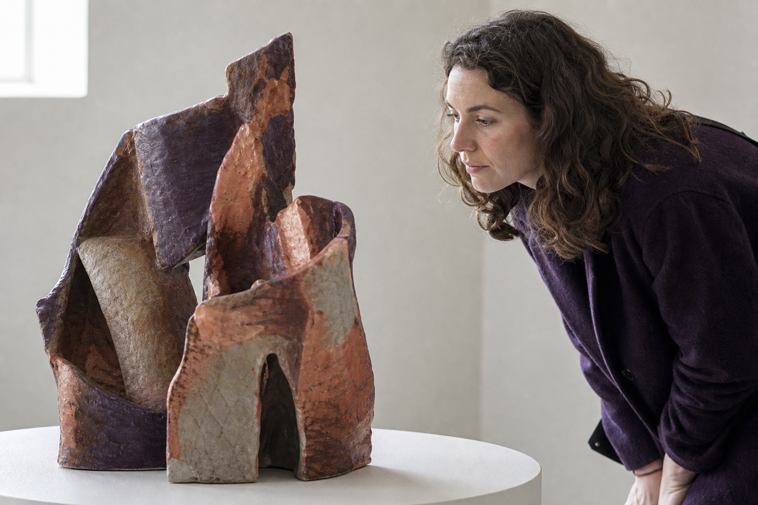 Bezoeker bekijkt een groot schilderij op afstand in een lichte museumzaal
